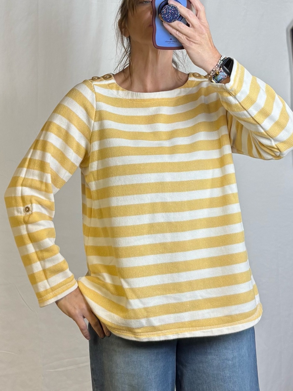 QVC Yellow and White Striped Button-Accent Boatneck Sweater